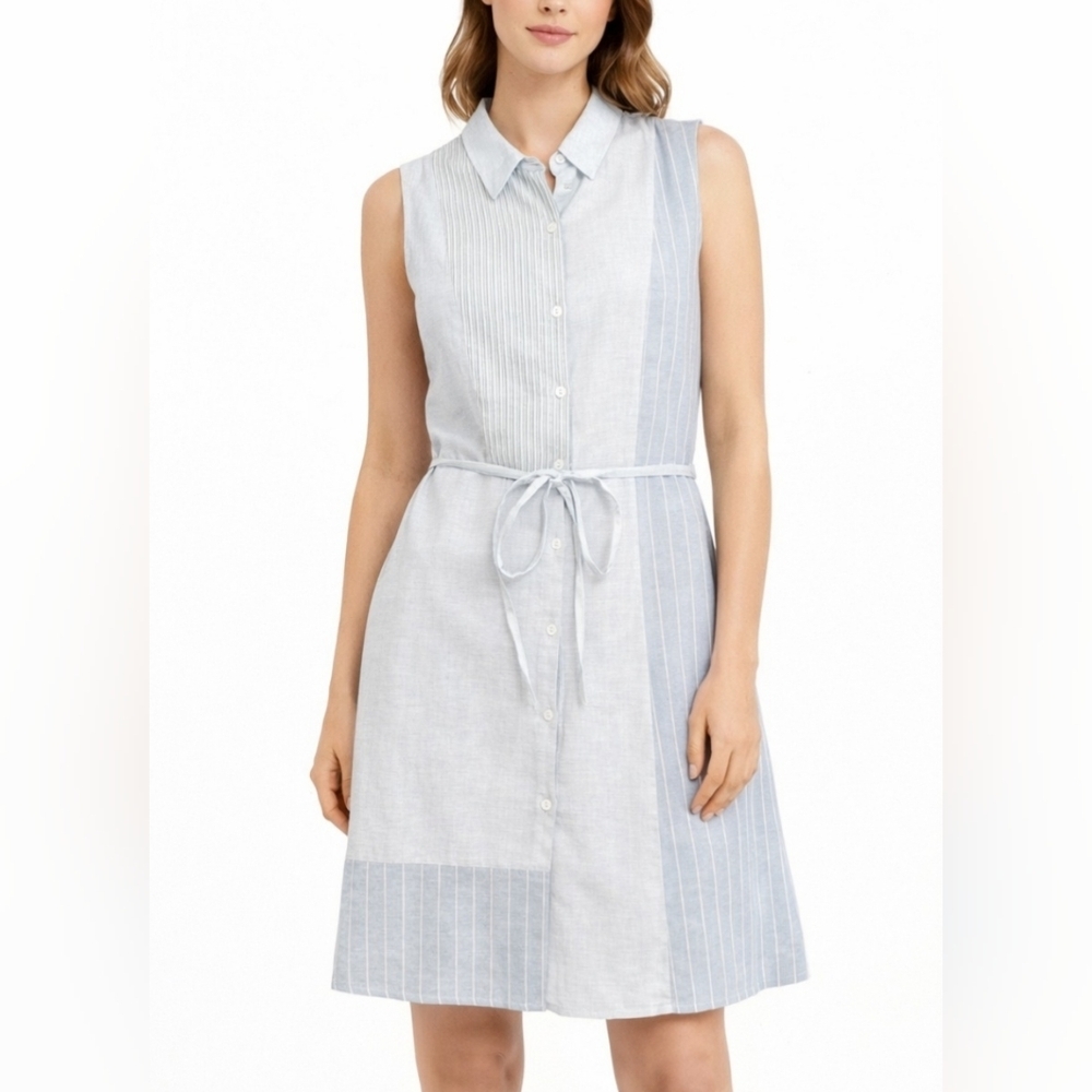 Hem & Thread Sleeveless Shirt Dress Size Small Blue Striped Button Front Tie
